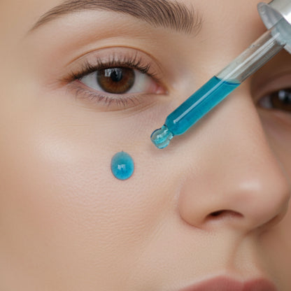 Close-up of a person applying blue gel to their eye with a dropper.