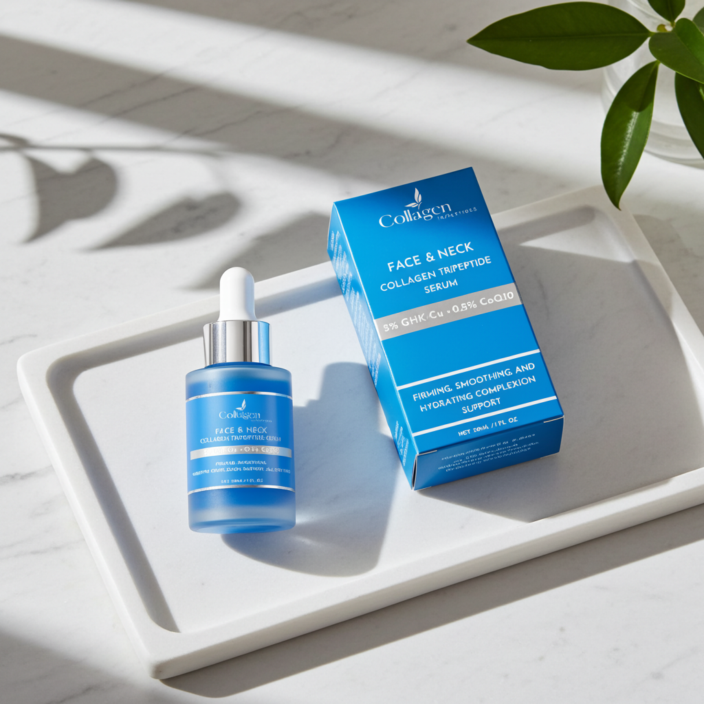 Collagen face and neck serum with packaging on a white surface with a plant in the background